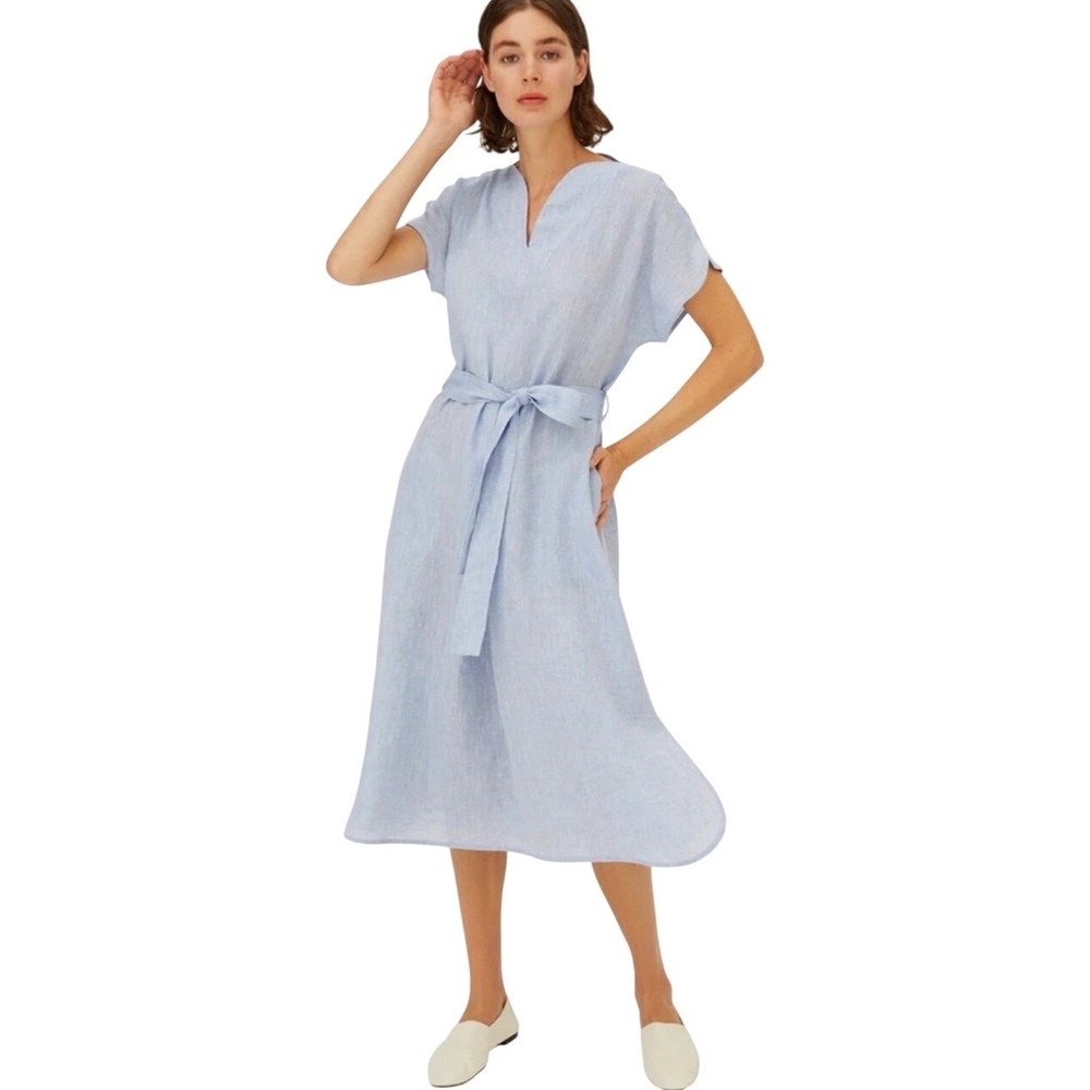$225 Anthro HARSHMAN Leya Dress Light Blue Linen V-Neck Midi Tie Short Sleeve XS